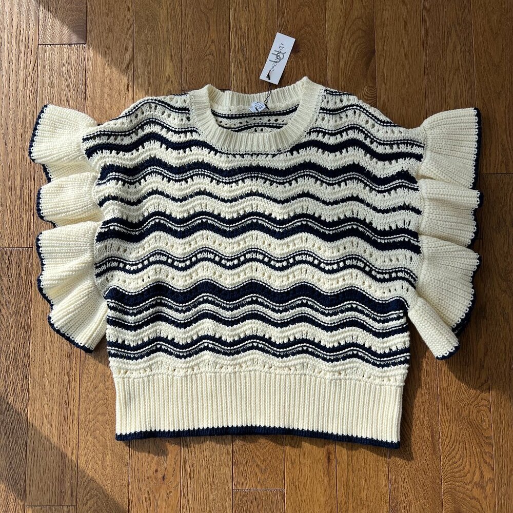 NWT Urban Daizy Navy Cream Crochet Ruffle Sleeve Coastal 100% Cotton Sweater Top